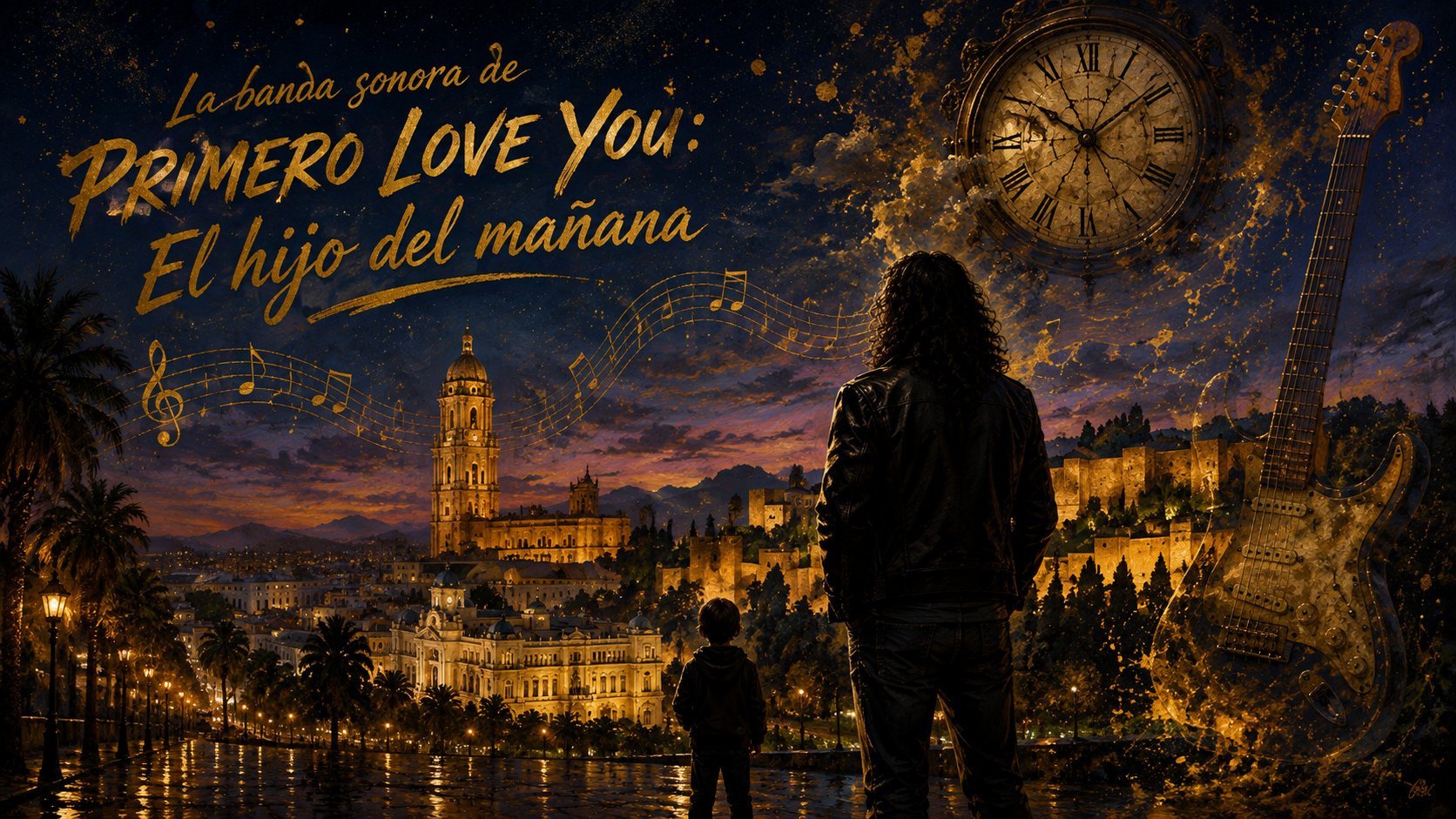 La banda sonora de PRIMERO LOVE YOU: El hijo del mañana — ilustración con la Catedral y la Alcazaba de Málaga