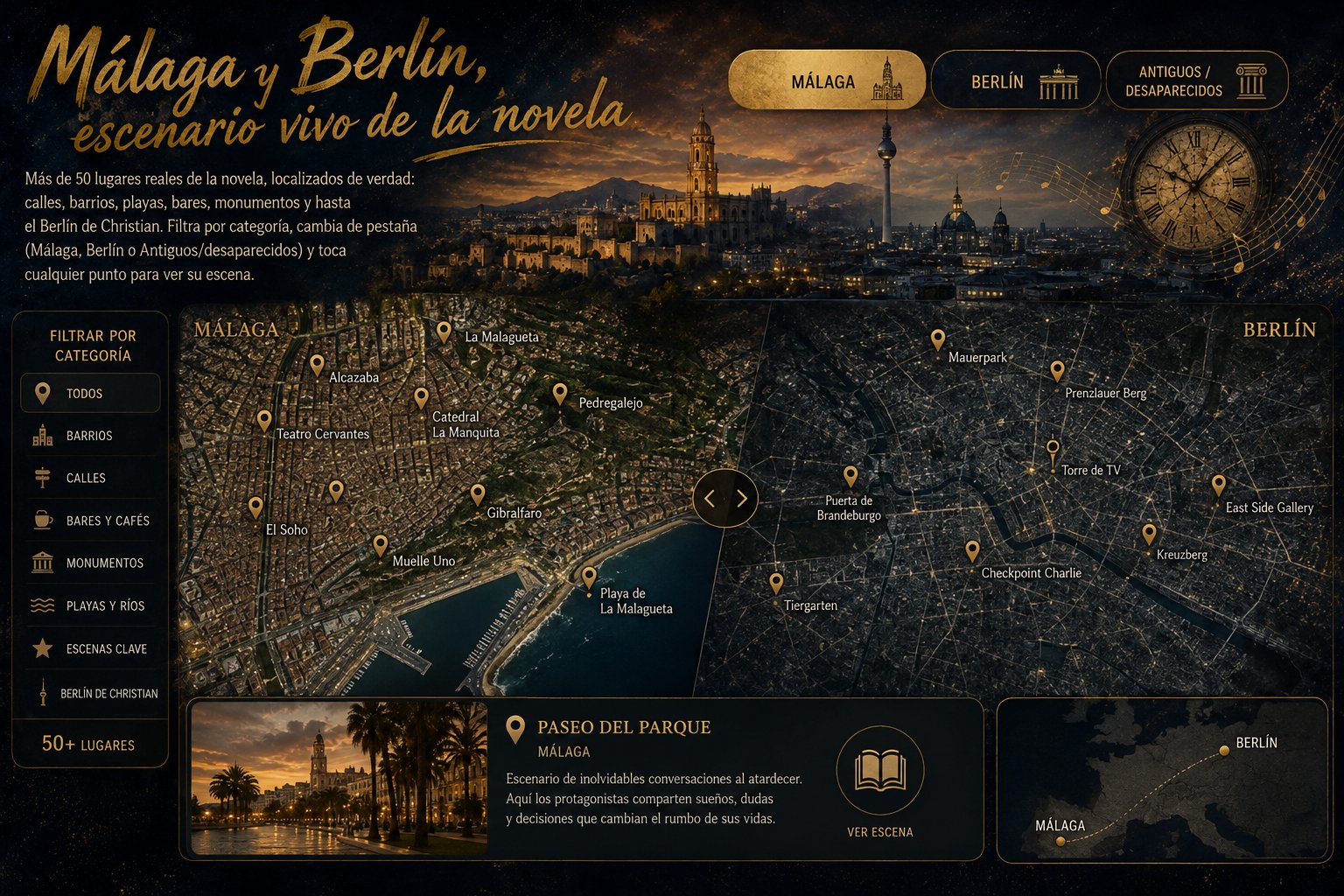 Málaga y Berlín, escenario vivo de la novela — ilustración con la Catedral de Málaga y la Torre de TV de Berlín